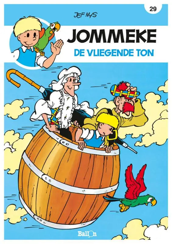 Een houten vliegende ton met witte metalen banden versierd met cartoonfiguren en papegaaien in een luchtdecor van jef mys strips algemeen