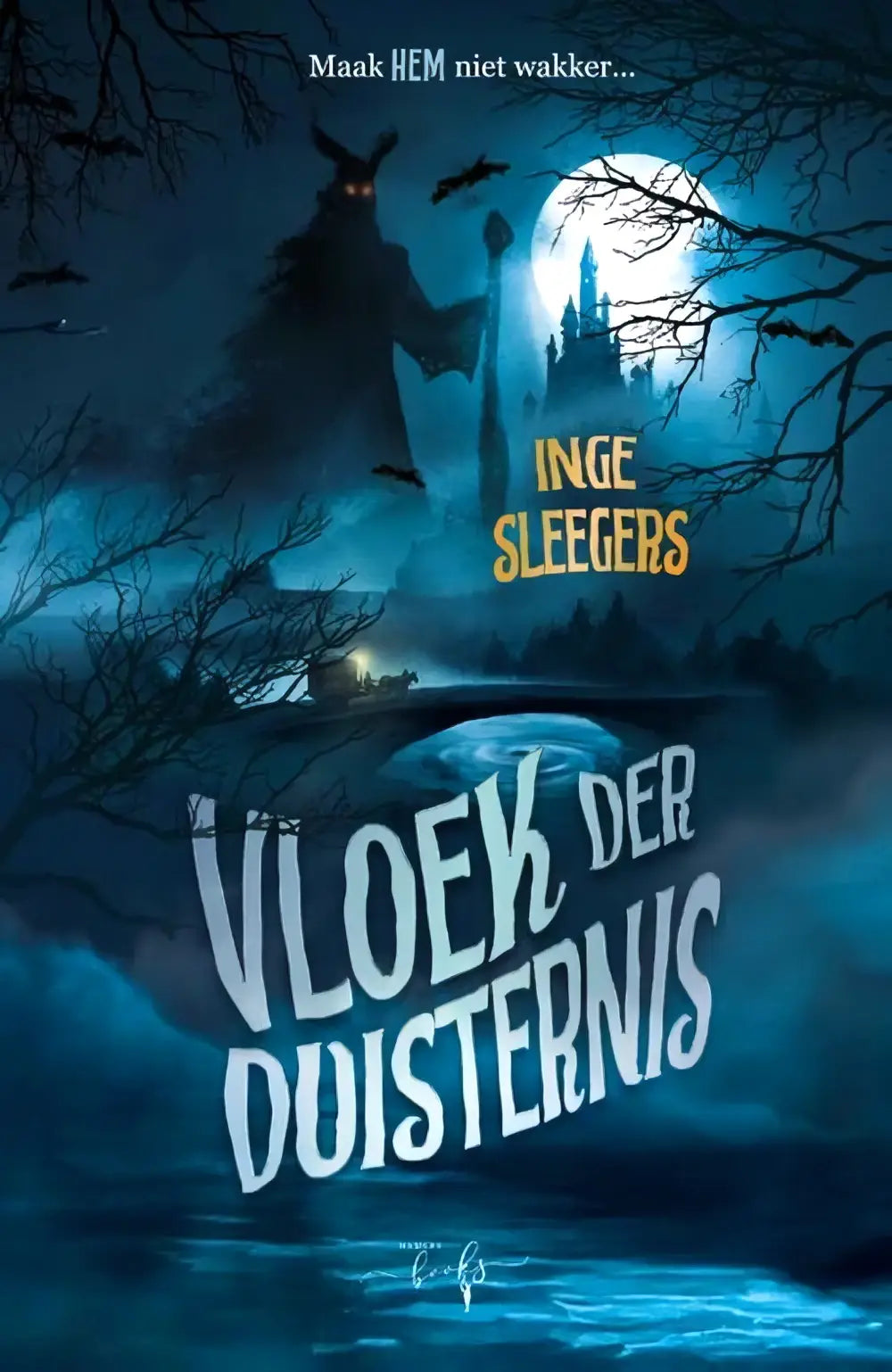 De boekcover van vloek der duisternis toont een donkere illustratie van een kasteel onder een volle maan hamley books