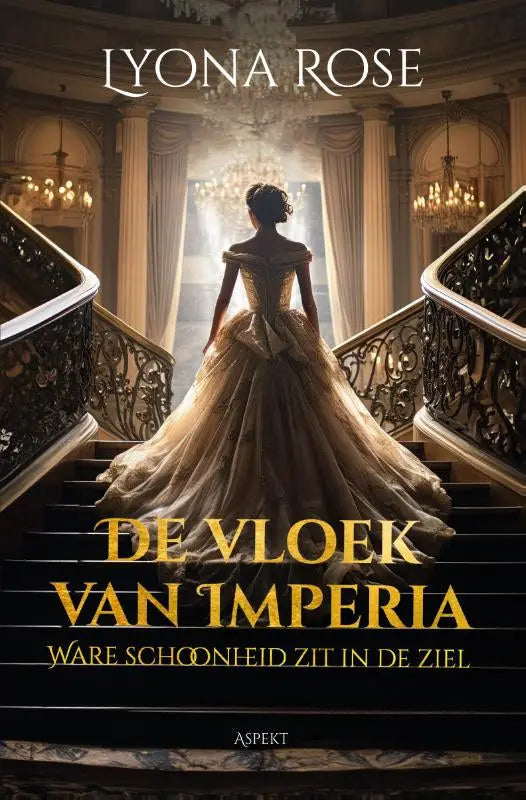 Een vrouw in een volumineuze goudkleurige off-shoulder jurk staat bovenaan een trap in de vloek van imperia
