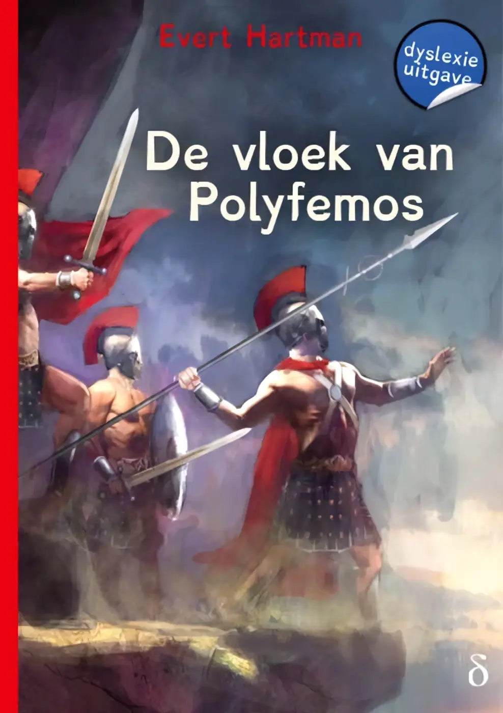 De cover van het boek de vloek van polyfemos door evert hartman toont oude griekse krijgers in rood en zilver pantser