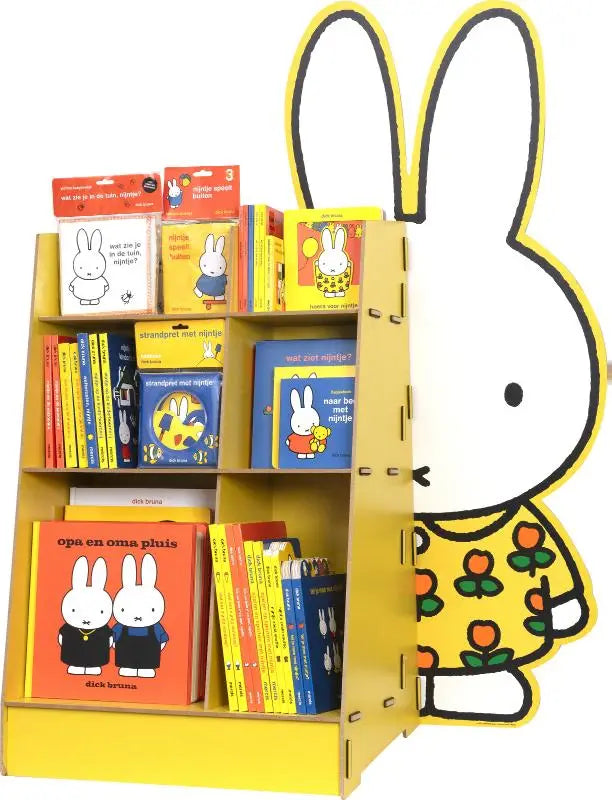 Gele houten vloerdisplay nijntje tulpenjurk met miffy cartoon konijn ontwerp voor jonge lezers