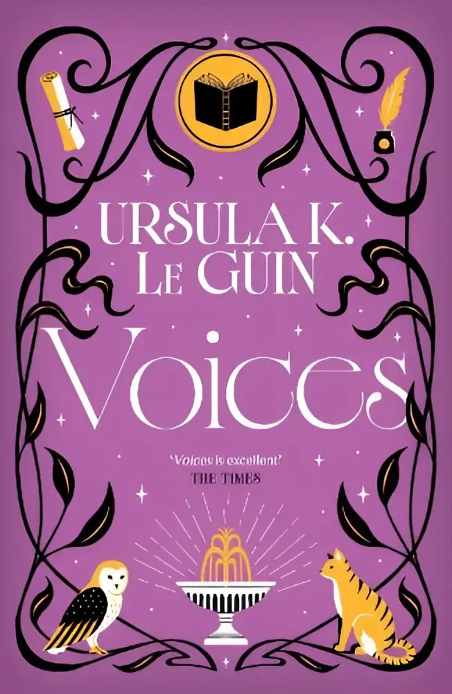 Paars boek met zwarte illustraties van een uil, kat, fontein, ganzenveer en open boek op de cover van voices door orion publishing