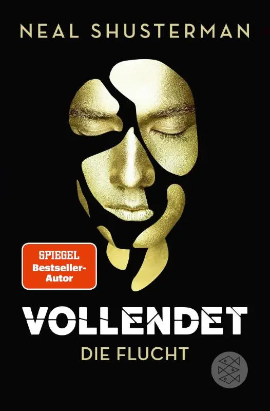 Zwarte boekcover met goudkleurige gestileerde gezichtsillustratie voor vollendet die flucht mit bonuskapitel jonge lezers