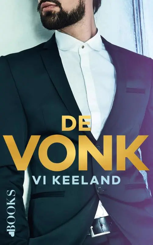 Zwarte colbertjas met wit overhemd en gouden letters de vonk van auteur vi keeland voor liefdesboekenfans