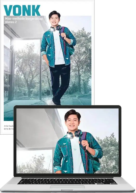 Een zilveren laptop toont een magazinecover met een man in een teal denim jack en koptelefoon over mbo-methode burgerschap