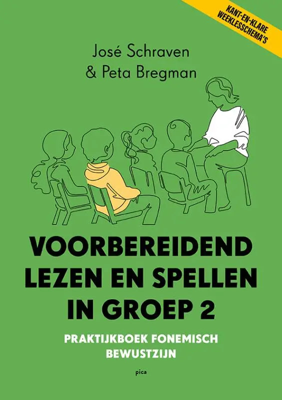 Groen boekomslag van voorbereidend lezen en spellen in groep 2 met zwarte tekst en lijntekeningen van kinderen in klaslokaal