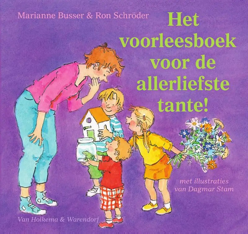 Paars kinderboekcover met geïllustreerde karakters en tekst in het nederlands voor jonge lezers allerliefste tante