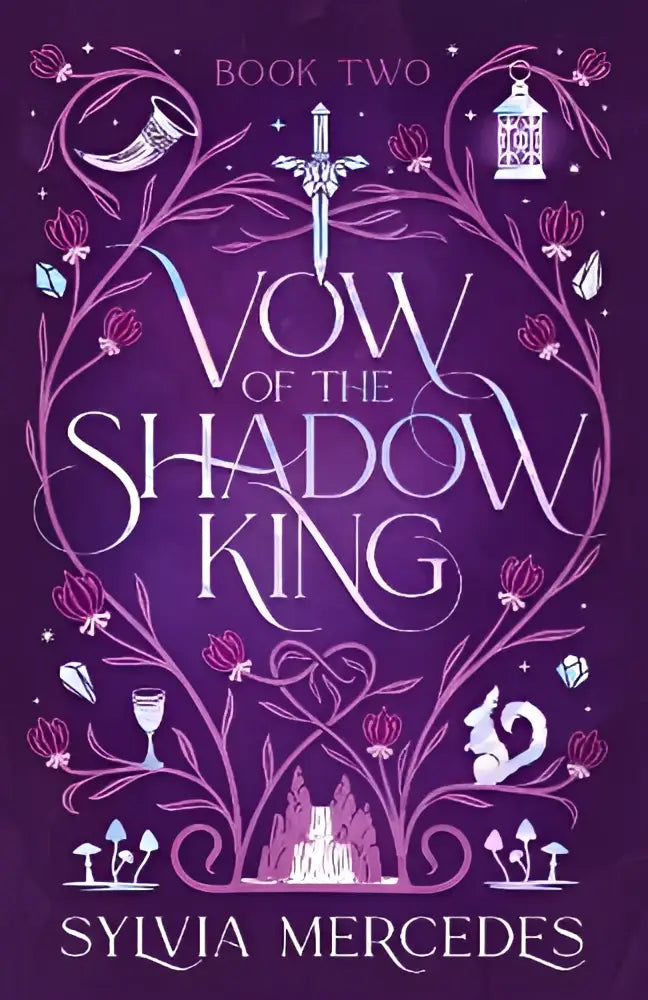 Paars boekomslag van vow of the shadow king door sylvia mercedes met fantasy elementen en bloemenontwerp