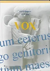 De boekcover van Vox basiswoordenlijst Latijn toont een stenen beeld met gele titel en blauwe Latijnse tekst