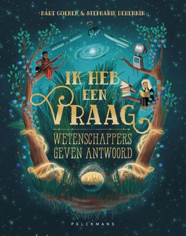 De boekcover van ik heb een vraag voor jonge lezers toont twee bomen en gouden letters tegen een sterrennacht
