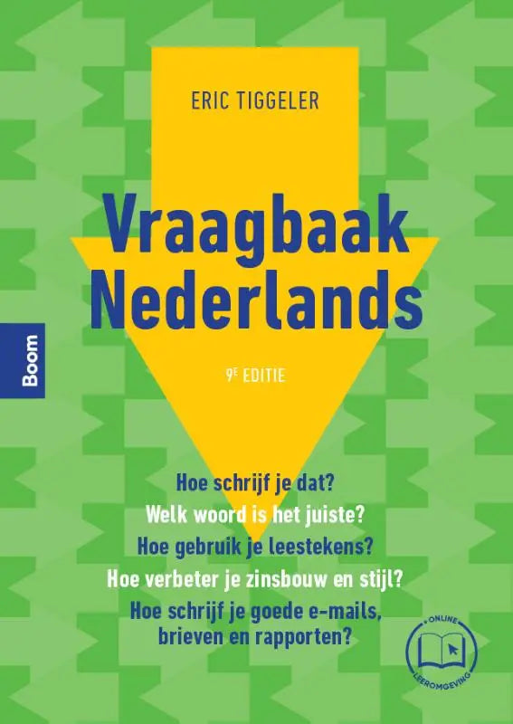 Gele pijlvormige cover van vraagbaak nederlands door eric tiggeler 9e editie geschikt voor hoger onderwijs