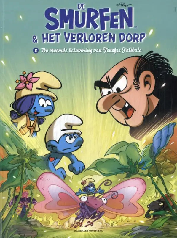 Blue smurf met wit hoedje en rood hart op borst in jungle setting uit vreemde betovering van tenefee falibula luc parthoens