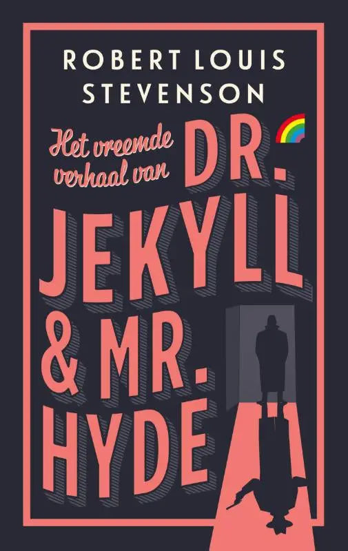 De boekcover van het vreemde verhaal van dr jekyll en mr hyde door robert louis stevenson in gedurfde koraalroze letters op donkerblauwe achtergrond