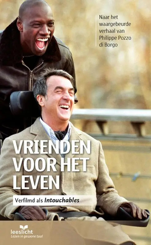 Cover van de nederlandse editie van het boek vrienden voor het leven ingenaaid met twee lachende mannen een in rolstoel