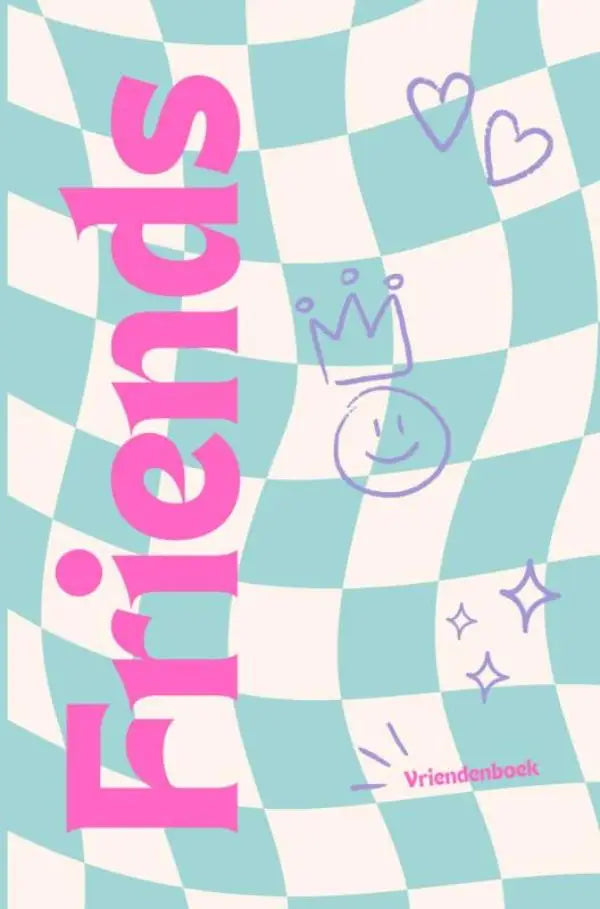 Vriendenboek met roze vrienden woordkunst op een blauwgroene geruite achtergrond voor stoere tieners en jonge lezers