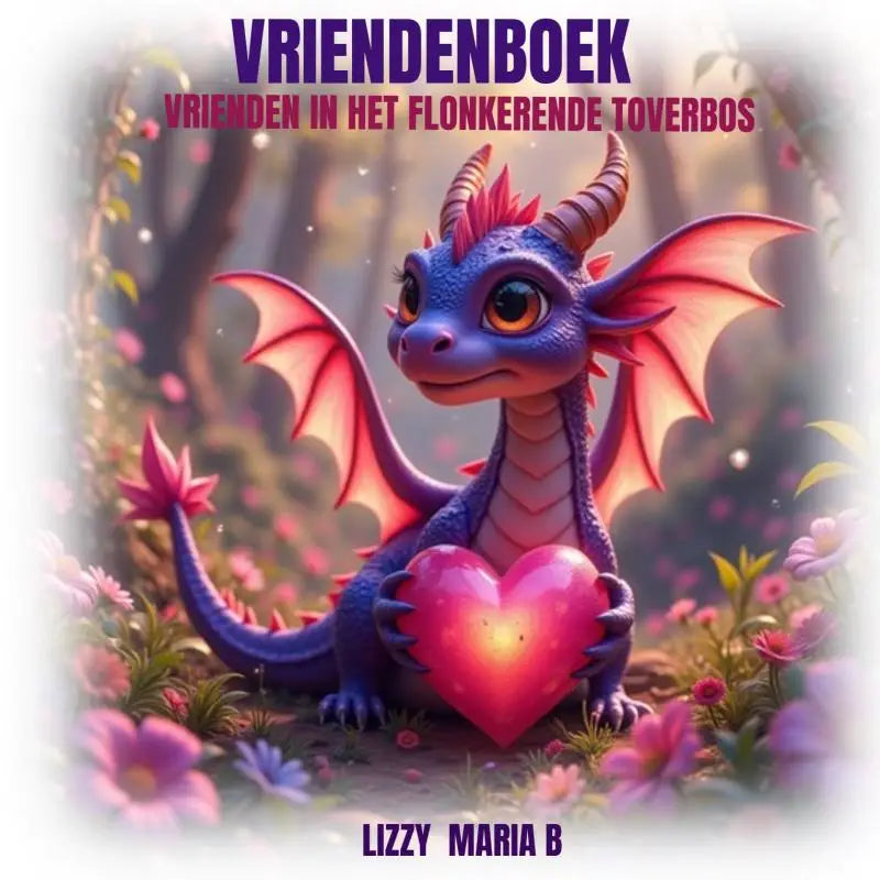 Vriendenboek voor jonge lezers met een charmante paarse draak met roze vleugels en een gloeiend rood hart in het flonkerende toverbos