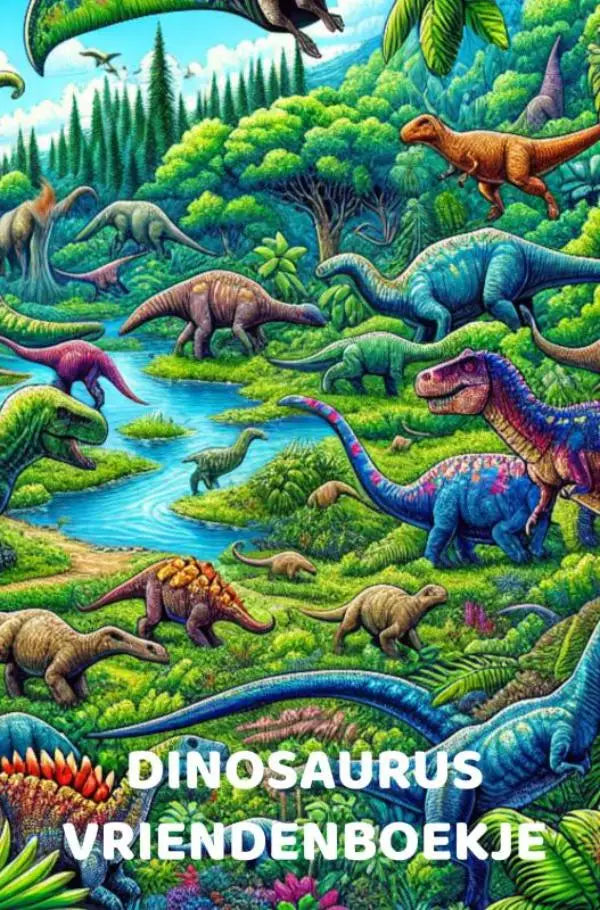 Vibrant vriendenboekje dino jongens en meisje met kleurrijk prehistorisch landschap en diverse dinosaurussen