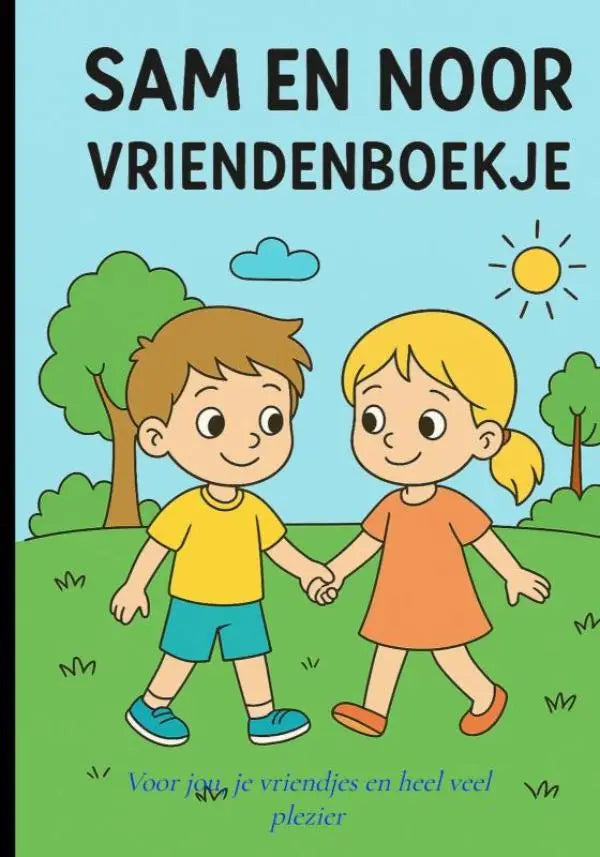 Het vriendenboekje sam en noor toont twee cartoon kinderen hand in hand voor jonge lezers plezier buitenshuis