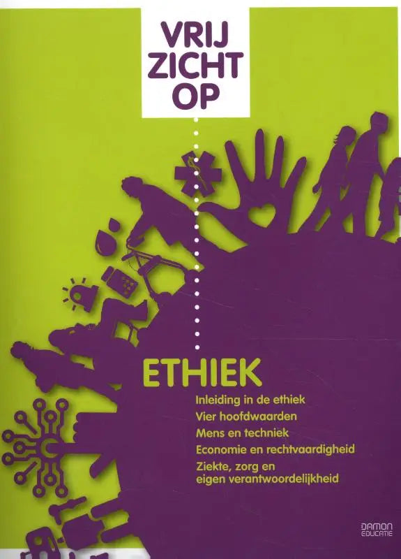 Vrij zicht op ethiek textbook cover with bold purple and lime green design featuring people silhouettes and symbols