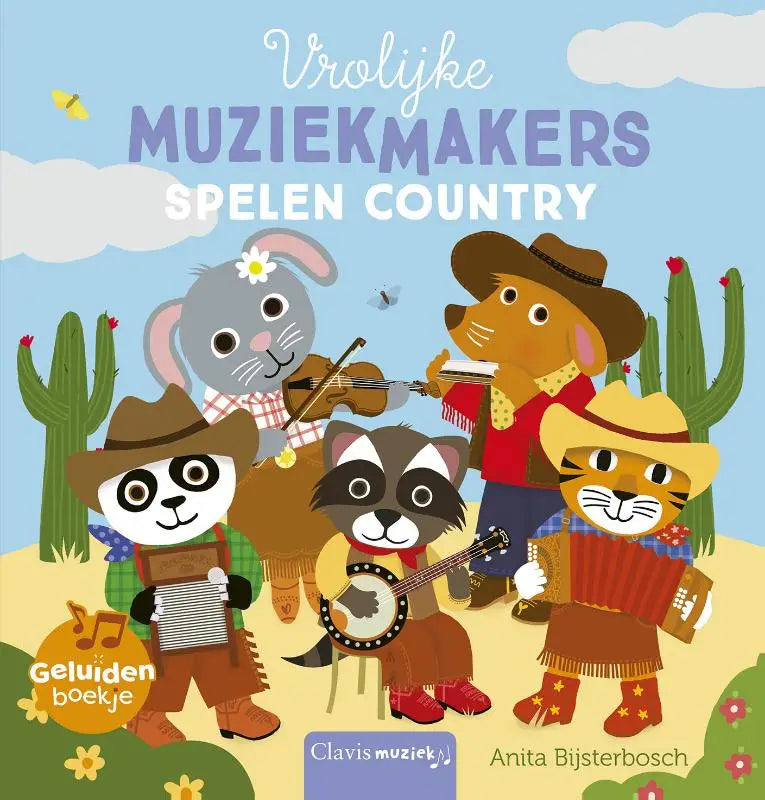 Kinderboekhoezen met vrolijke muziekmakers spelen country muziek geklede cartoon dieren onder blauwe lucht en cactussen