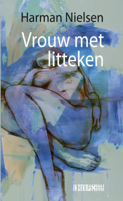 Blauwe aquarelillustratie van een liggende vrouw op de cover van harman nielsens boek vrouw met litteken