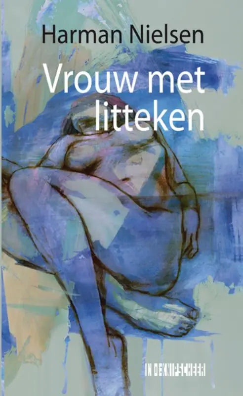 Blauw abstract schilderij van een liggend figuur op de omslag van literaire roman vrouw met litteken van harman nielsen