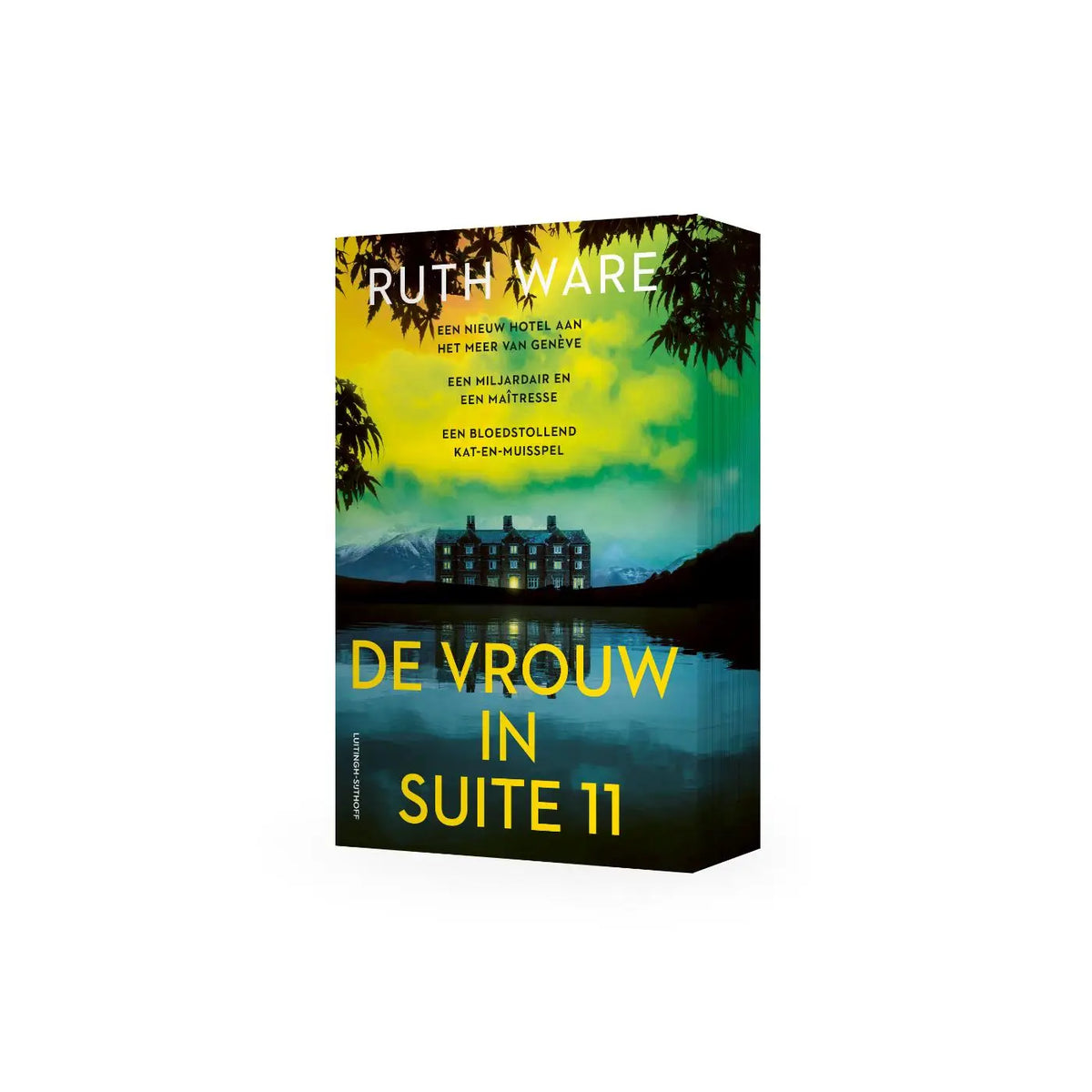De vrouw in suite 11 boekomslag met donkere gebouwillustratie en dramatische gele groene lucht door ruth ware bij luitingh sijthoff