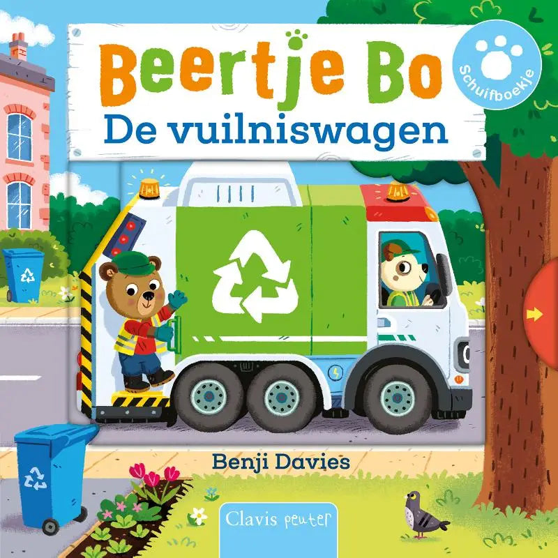 Groene en witte vuilniswagen met recyclepijl en cartoon beren voor jonge lezers in de vuilniswagen product