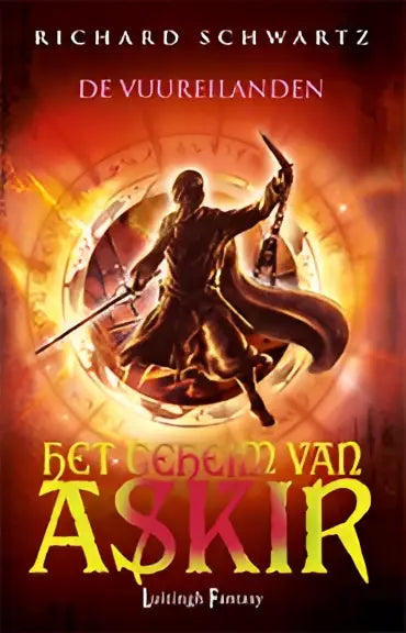 De vuureilanden cover toont een donker bepantserde krijger met rode cape en zwaard tegen een vurige oranje achtergrond