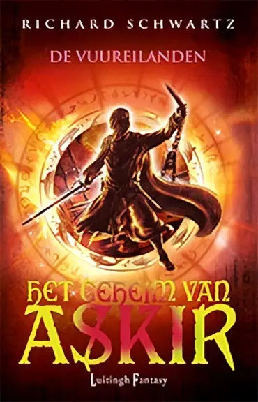 De vuureilanden boekcover toont een donkergepantserde krijger met rode cape en zwaard op een vurige achtergrond door richard schwartz sijthoff fantasy