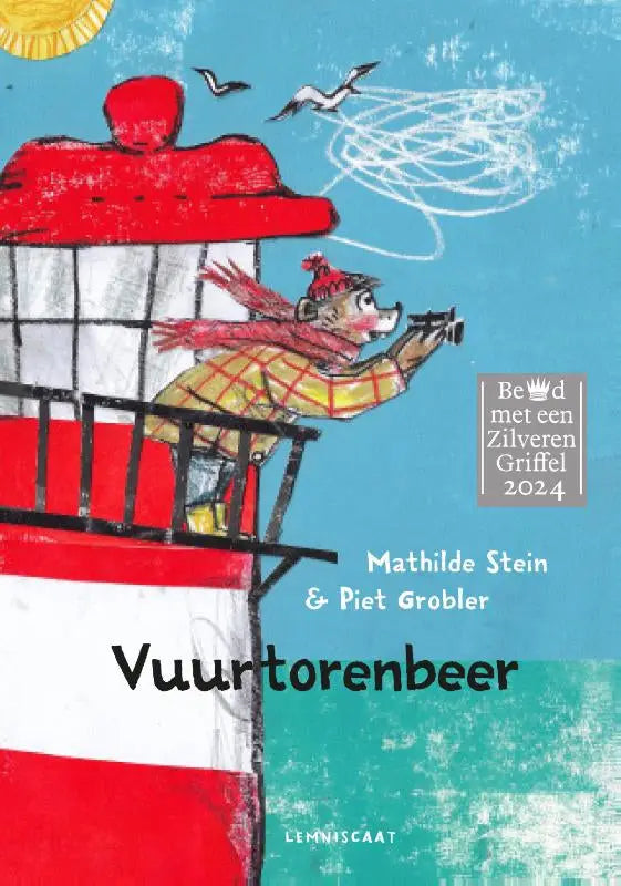 Vibrante kinderboekcover van mathilde stein met cartoonbeer in rode muts en sjaal op vuurtoren met verrekijker