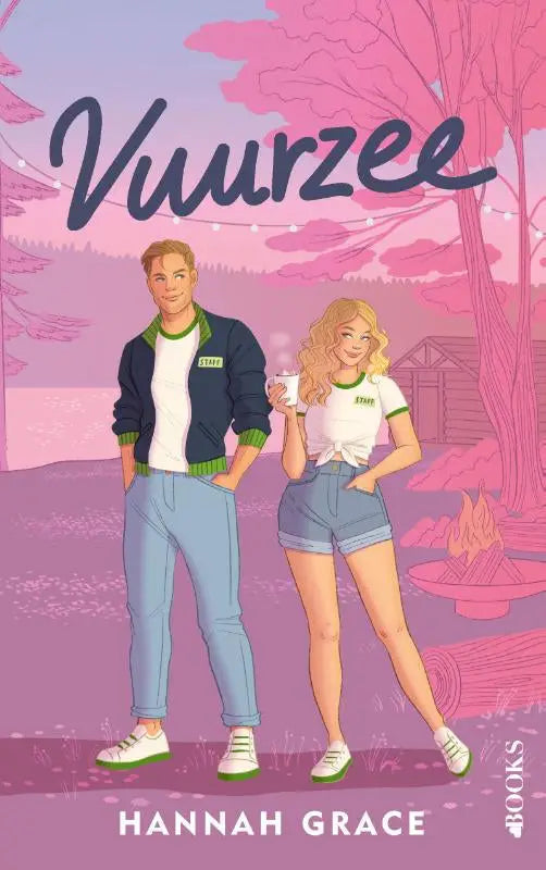 De cover van het boek vuurzee door hannah grace toont een geïllustreerd stel in casual outfits tegen een roze paarse achtergrond uit de reeks maple hills
