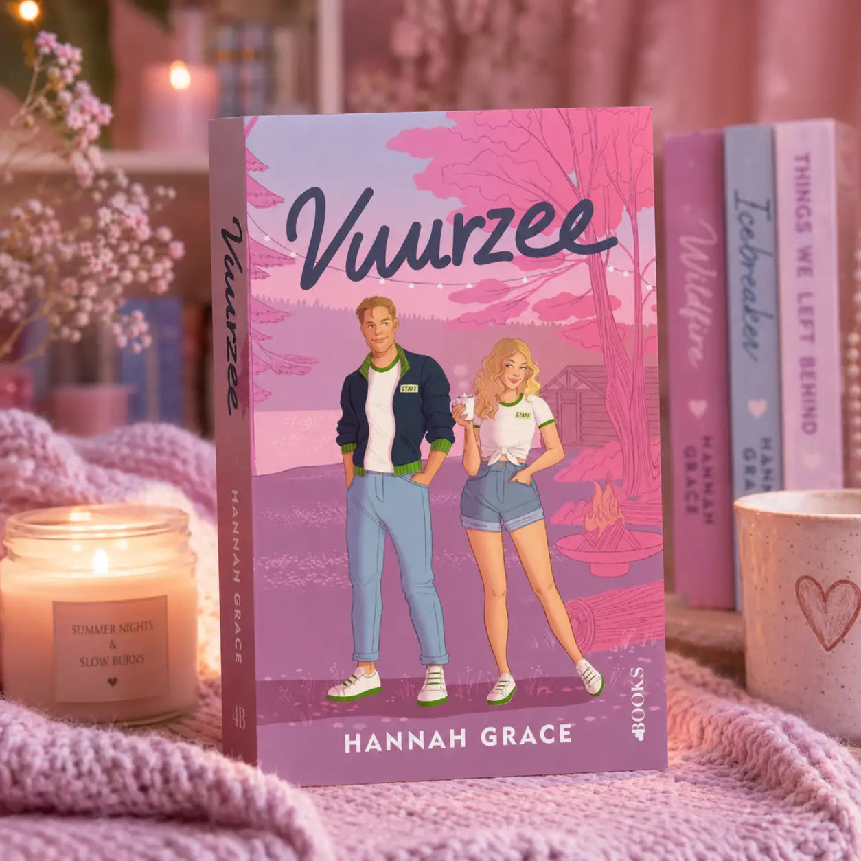 Roze hardcover boek vuurzee van hannah grace met illustratie van stel in zomerse kleding bij roze bomen en kampvuur