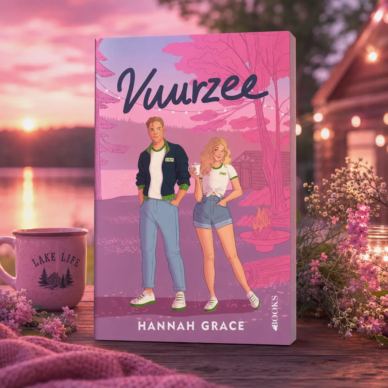 Pink hardcover boek vuurzee door hannah grace met illustratie van koppel in zomerse kleding bij een meer