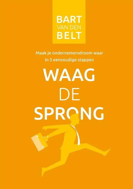 Orangekleurige boekcover waag de sprong met gele silhouet van zakelijke man die rent met aktetas en eenvoudige stappen