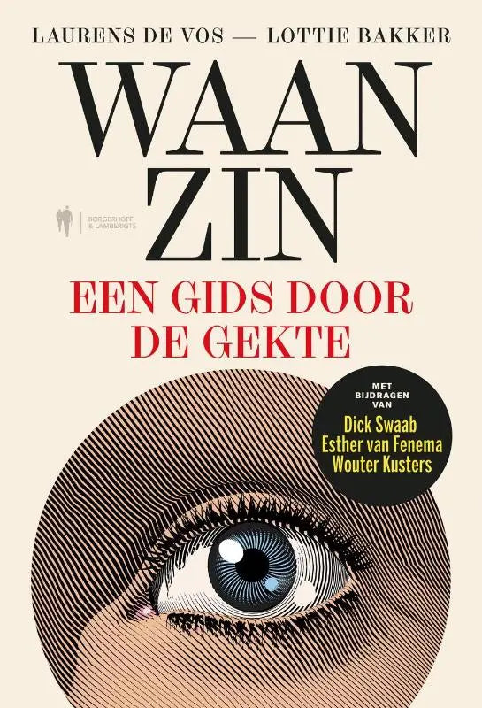 Illustratie van een menselijk oog met gedetailleerde lijnen en schaduwen in zwart in de gids waanzin een gids door de gekte