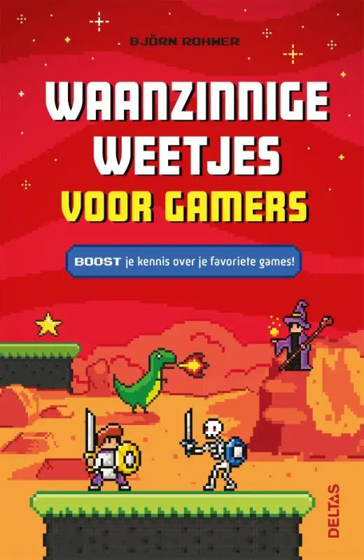 Rode boekcover met pixel art van groene dinosaurus, tovenaar en twee vechters op platforms voor waanzinnige weetjes gamers