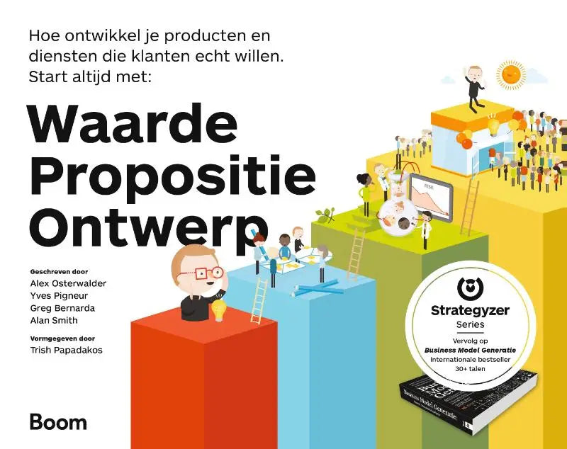 De cover van het boek waarde propositie ontwerp toont zwarte tekst en kleurrijke illustraties van businessconcepten