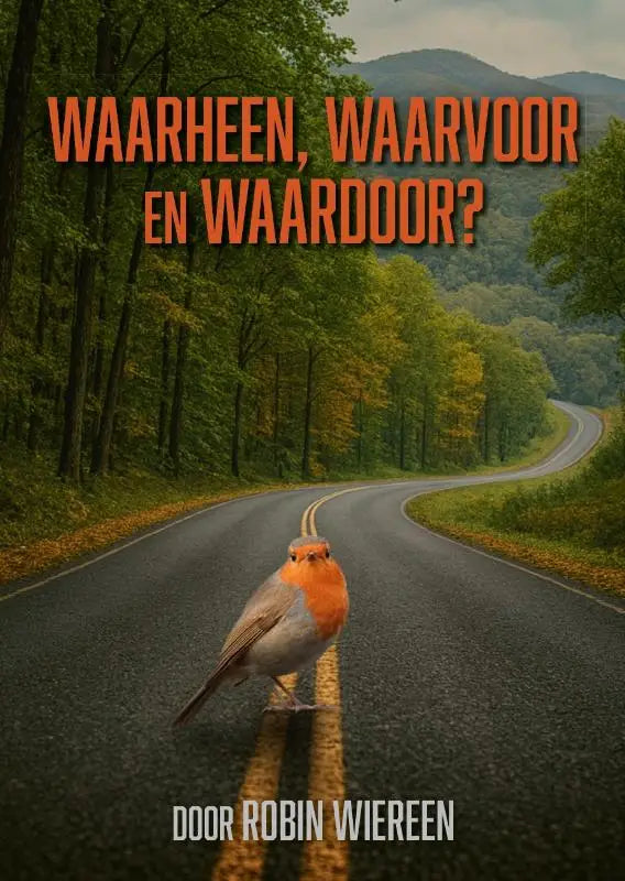 Waarheen, waardoor en waarvoor productafbeelding met een levendige oranje en grijze roodborst op een asfaltweg