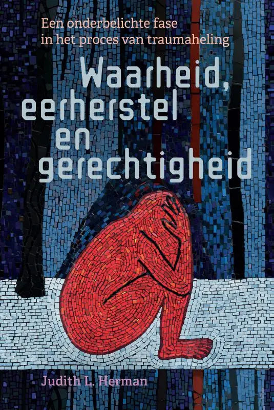 Rode mozaïekfiguur in foetushouding tegen blauwe tegels symboliseert een onderbelichte fase in traumaheling
