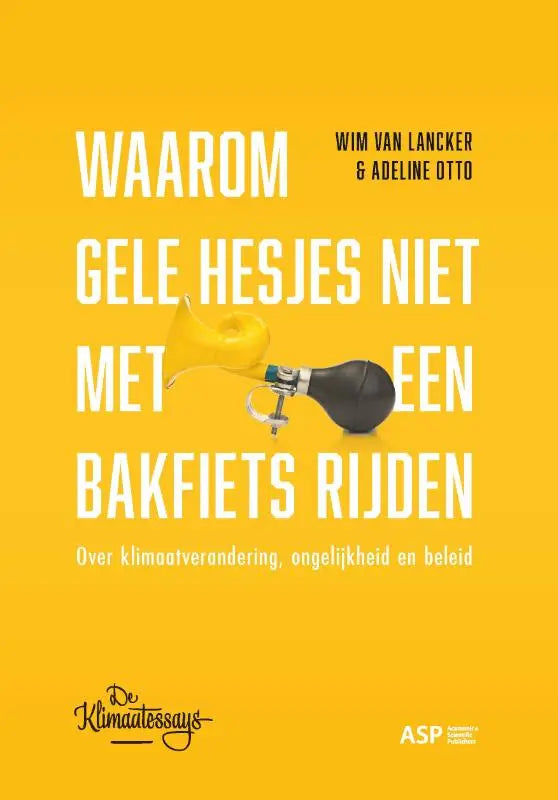 Gele en zwarte luchtpomp met metalen mondstuk tegen gele achtergrond bij artikel over gele hesjes en bakfiets rijden