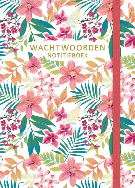 Wachtwoorden notitieboek deltas chantecler met bloemenpatroon roze bloesems groene bladeren en oranje accenten