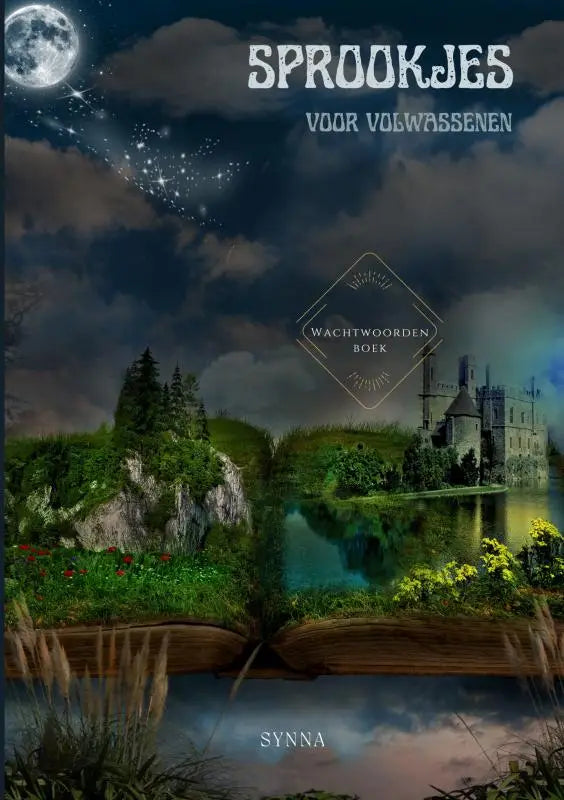 Een open wachtwoordenboek sprookjes a5 met een fantasiehoes van een maanverlichte kasteel en twinkelende sterren voor wachtwoordbeheer simpel