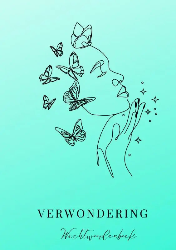 Minimalistisch lijntekening journal omslag van een vrouwelijk profiel met vlinders en sterren op teal achtergrond wachtwoordenboek verwondering voor wachtwoordbeheer simpel