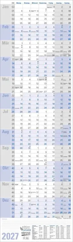 Kalender 2027 wandplaner hoch recyclingpapier edition natur met lichtblauw witte maandoverzichten en feestdagen