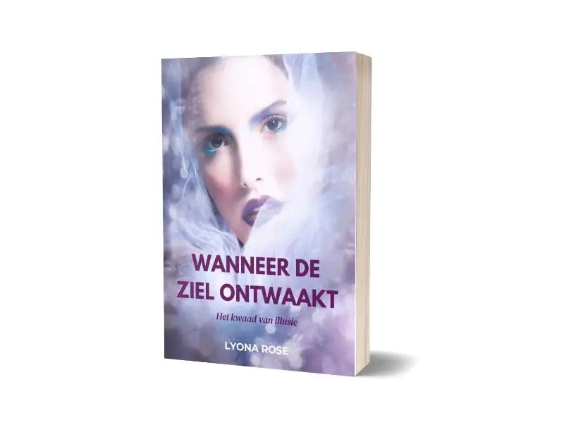 Een paperback boek met een zacht paarse en witte cover en een etherisch portret van een vrouw getiteld wanneer de ziel ontwaakt