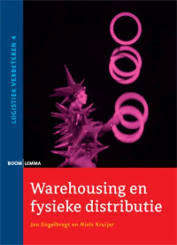 De boekcover van warehousing en fysieke distributie toont een magentakleurige gestileerde figuur binnen rood-blauwe banden, koninklijke boom uitgevers
