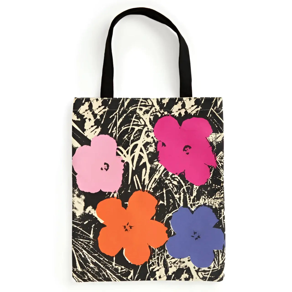 Warhol flowers canvas tote bag in black and white with bold pink magenta orange and purple flowers on canvas tote bag