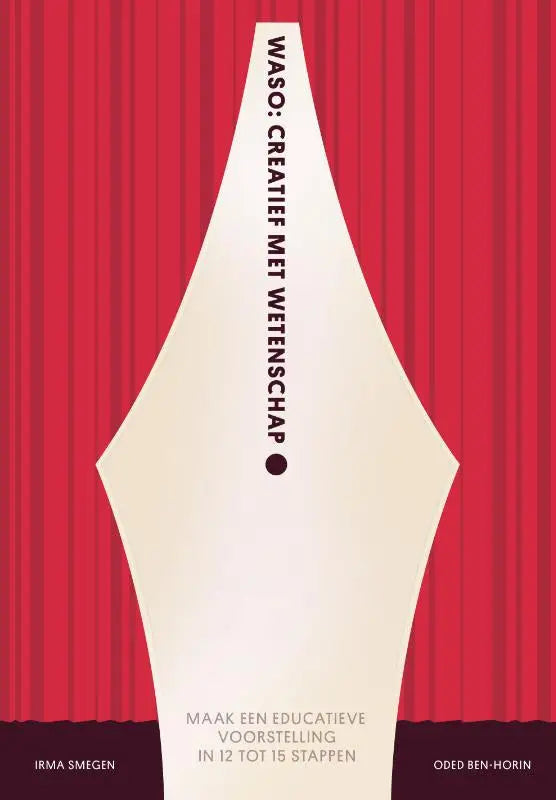 Een roomkleurige gestileerde vulpenpunt tegen een rode gordijnachtergrond voor waso creatief met wetenschap met irma smegen oded ben-horin maatschappij hoger onderwijs