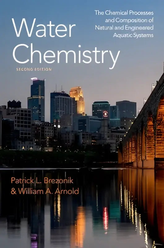 The book cover of water chemistry features the chemical processes with a city skyline reflected on water background